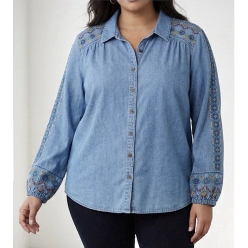 Alfred Dunner Womens Size 2X 100% Tencel Lyocell Chambray Embroidered‎ Top Boho